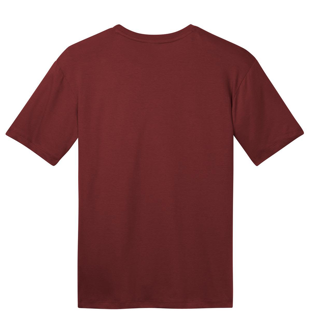 A maroon crew neck t-shirt with short sleeves, featuring a logo on the back.