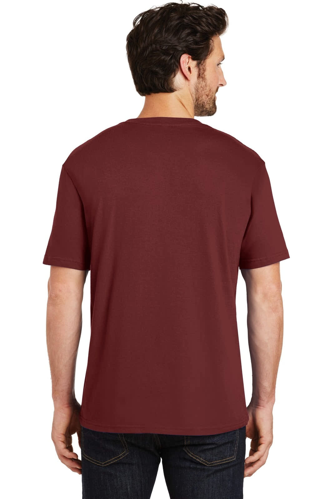 A man wearing a maroon crew tee from the back, featuring short sleeves and a simple design.
