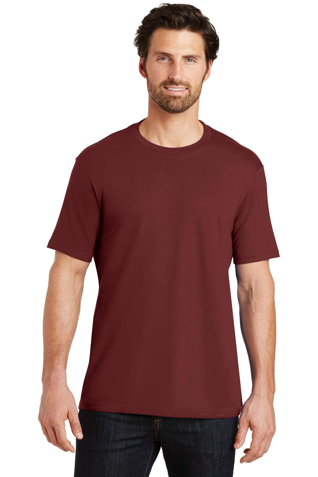 A crew t-shirt in burgundy, featuring short sleeves and a simple design. The shirt has a logo on it.
