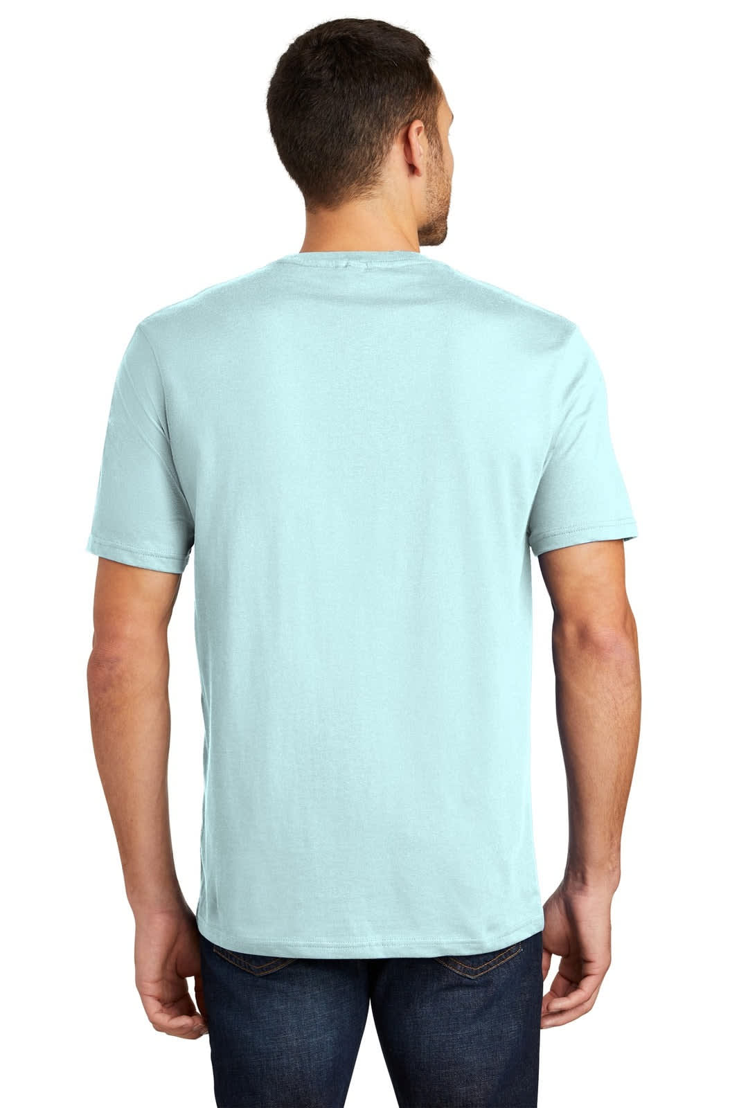 A light blue crew neck t-shirt viewed from the back, featuring short sleeves and a simple design.