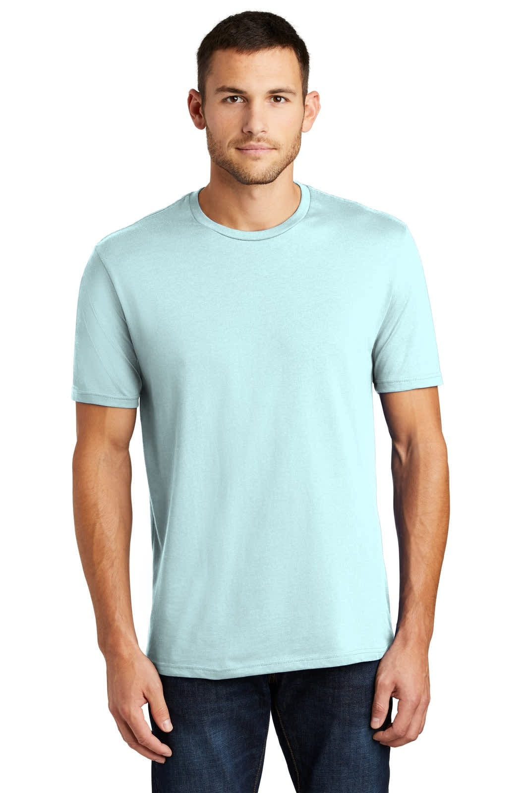 A light blue men's crew neck t-shirt made from soft fabric, featuring short sleeves and a fitted design.