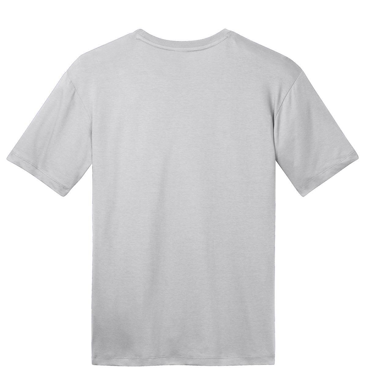 A grey t-shirt with short sleeves and a crew neck, featuring a plain back. It includes a logo.