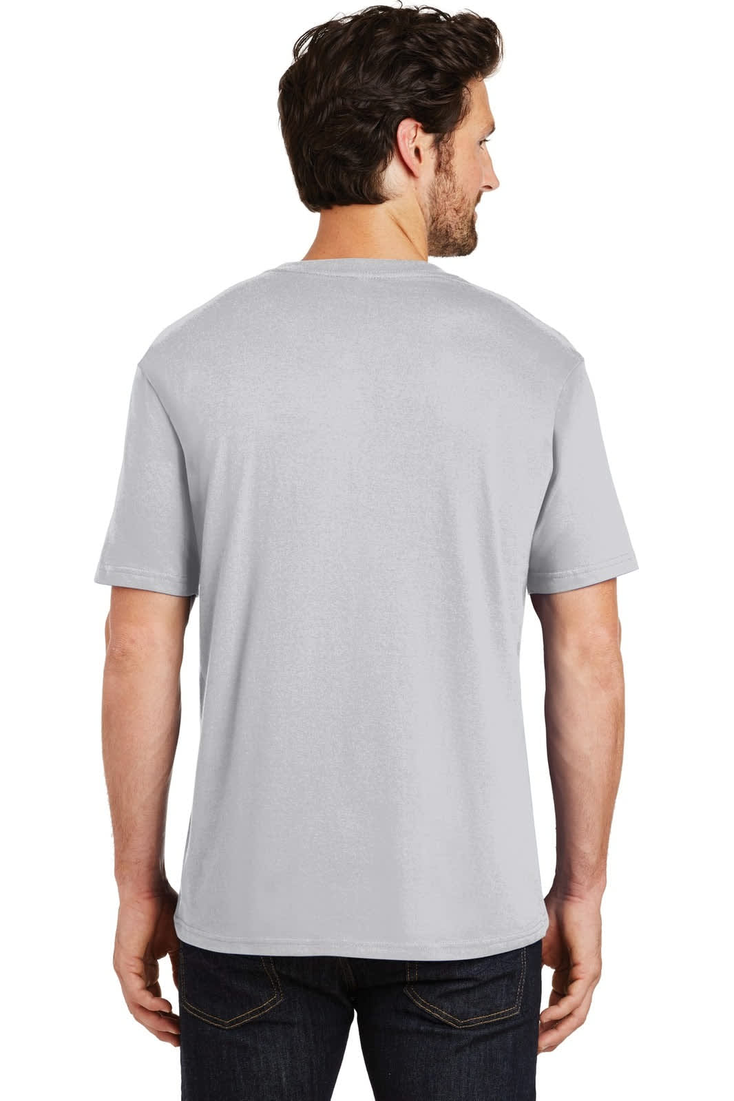 A grey men's crew neck t-shirt with short sleeves, featuring a branding logo. View from the back.