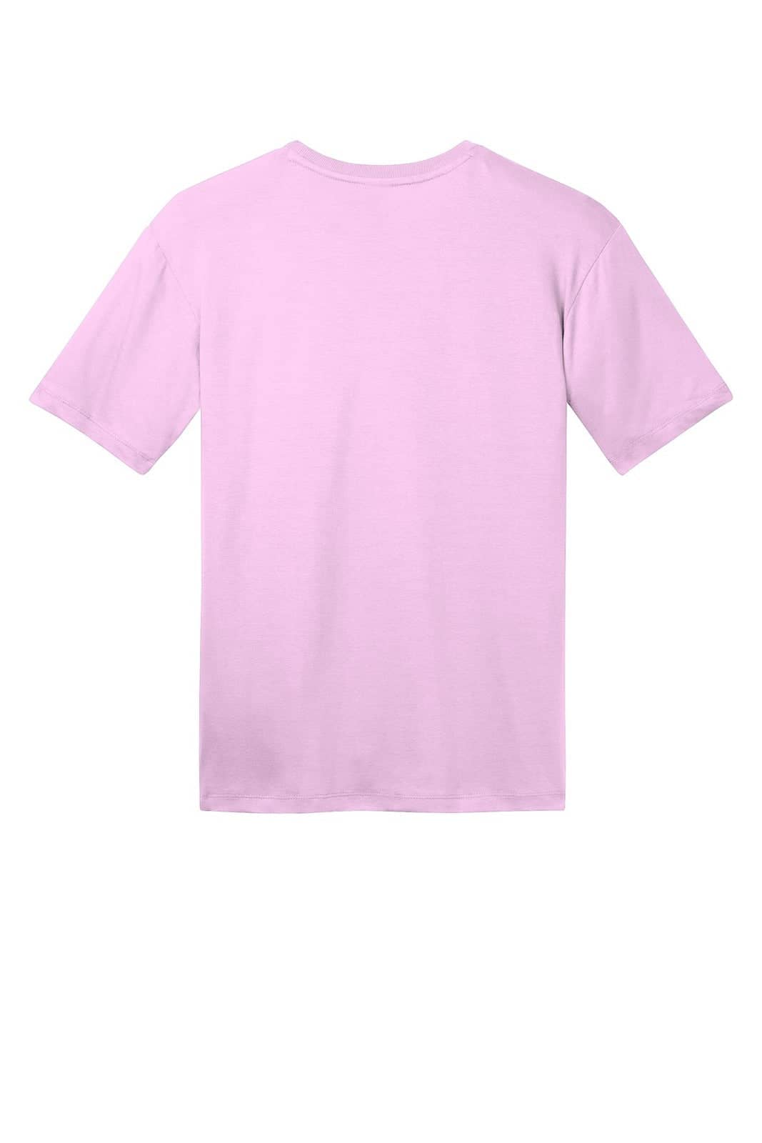 A pink crew t-shirt displayed from the back, featuring short sleeves and a simple design.