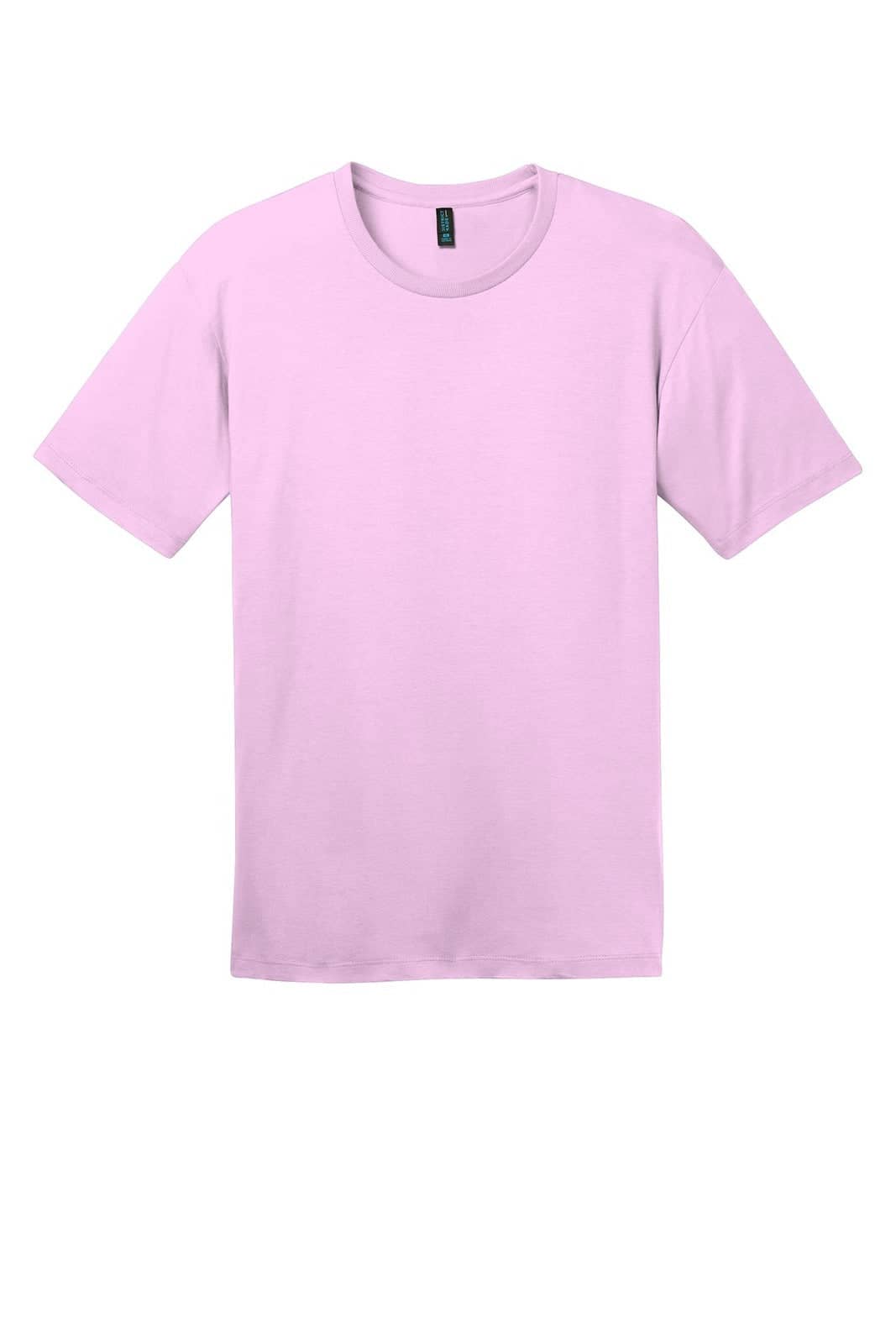 A light pink crew neck t-shirt with short sleeves, featuring a logo on the label.