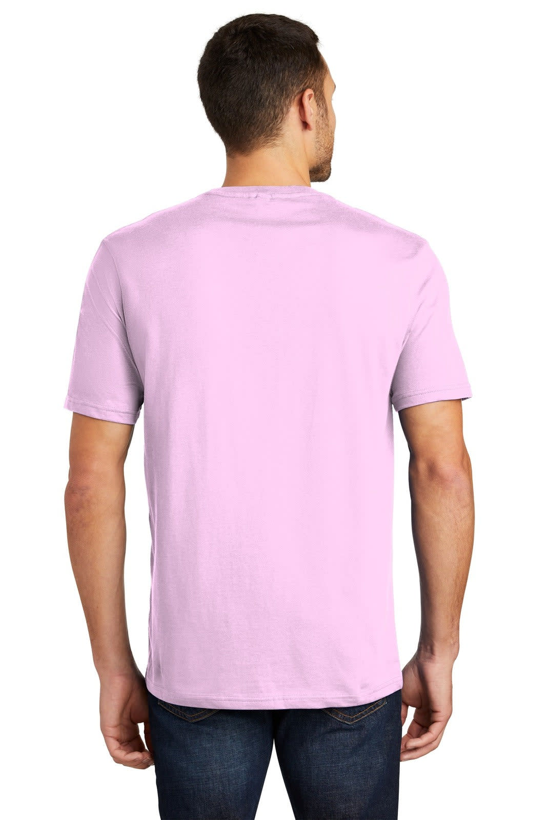 A man wearing a plain pink crew t-shirt, viewed from the back, with no visible branding.