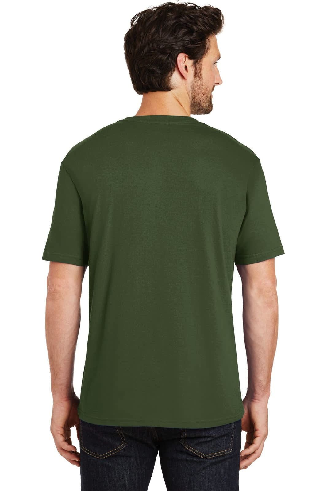 A man wearing a green crew-neck t-shirt, viewed from the back, showcasing the plain design and fit.