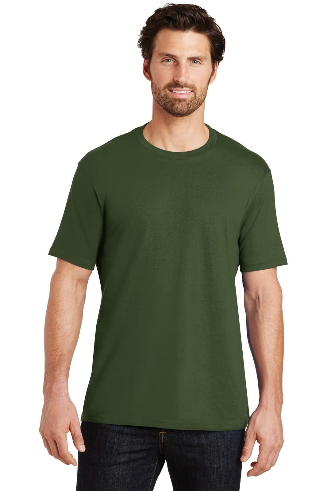 A man wears a dark green crew neck t-shirt. The tee has a branding logo.