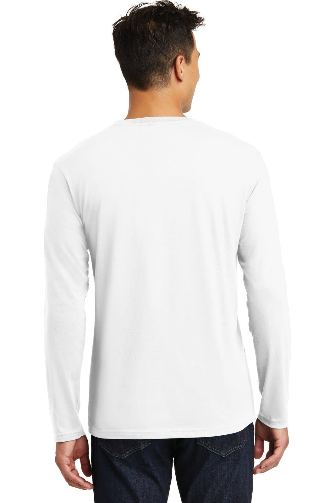 A man wearing a white long sleeve tee, viewed from the back, with a simple design and no visible branding.