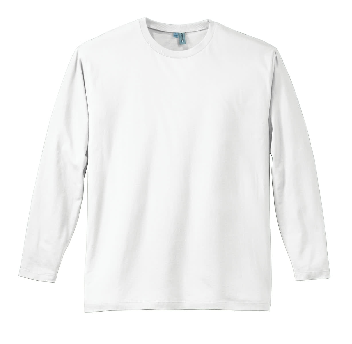 A white long sleeve t-shirt with a round neck, featuring a logo on the label.