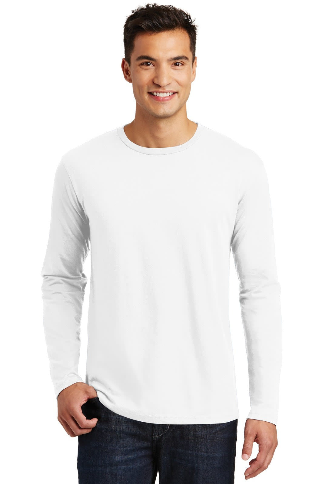 A white long-sleeve men's T-shirt with a round neckline, displayed on a smiling male model. It has a logo.