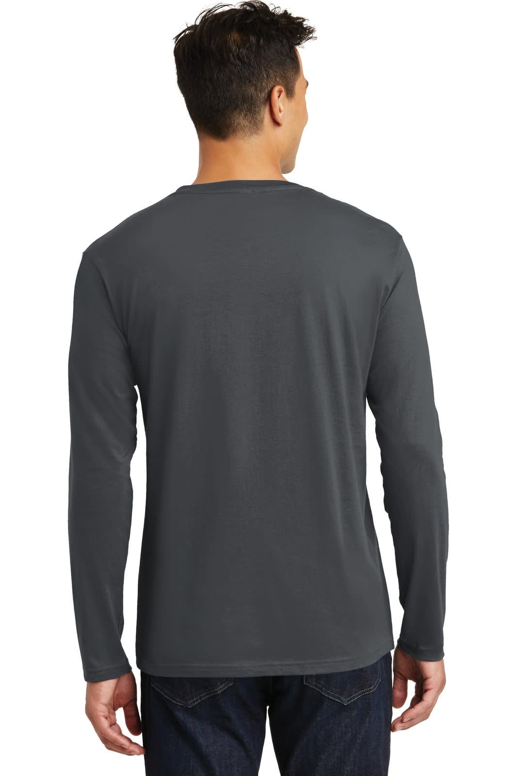 A man is wearing a long sleeve, dark grey t-shirt, viewed from the back. The shirt features a logo.