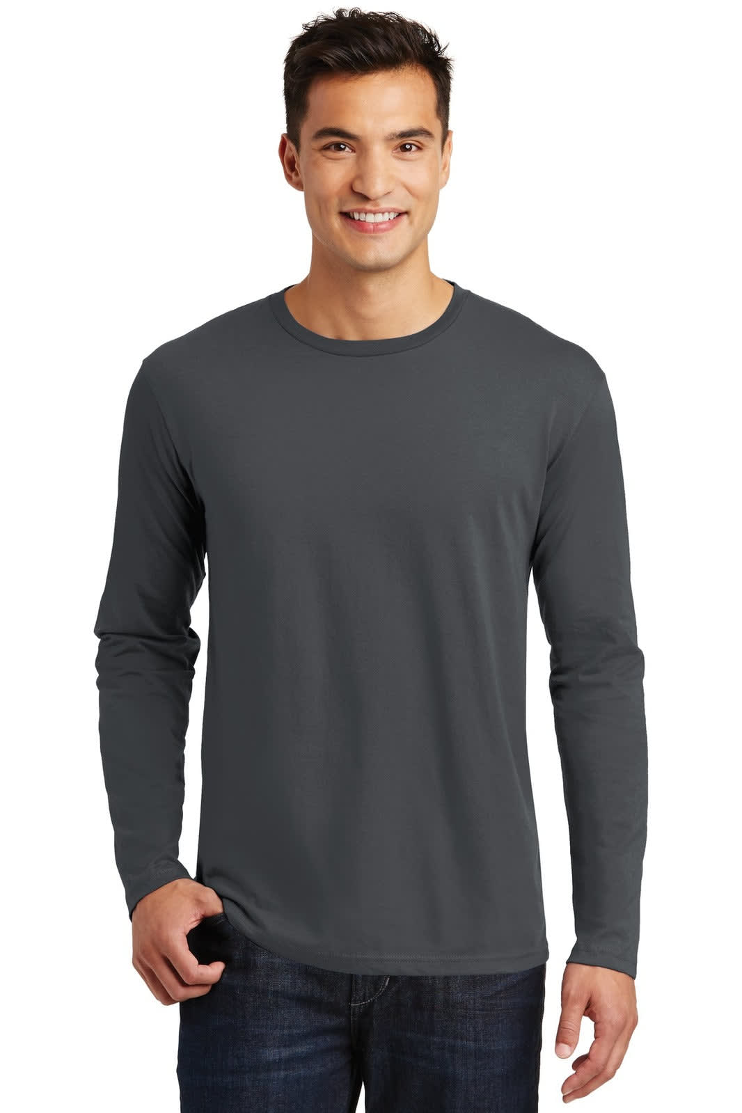 A long sleeve men's tee in charcoal grey, featuring a round neck and a logo on the chest.