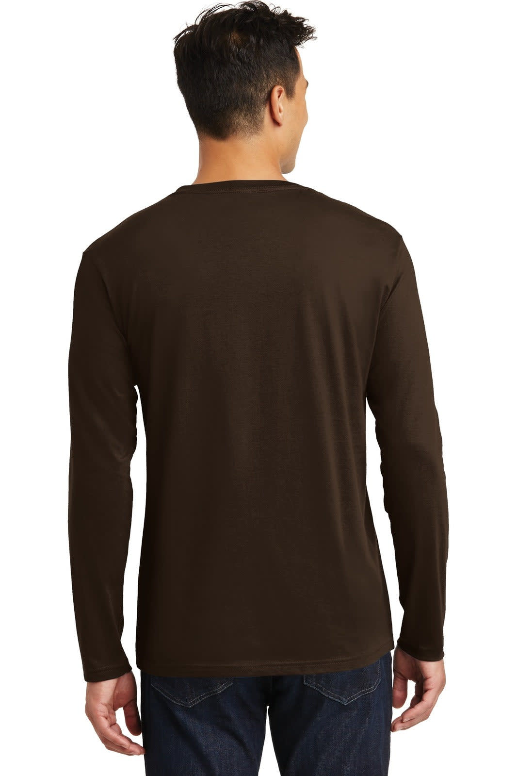 A man wearing a brown long sleeve tee, viewed from the back, featuring a simple design and logo.