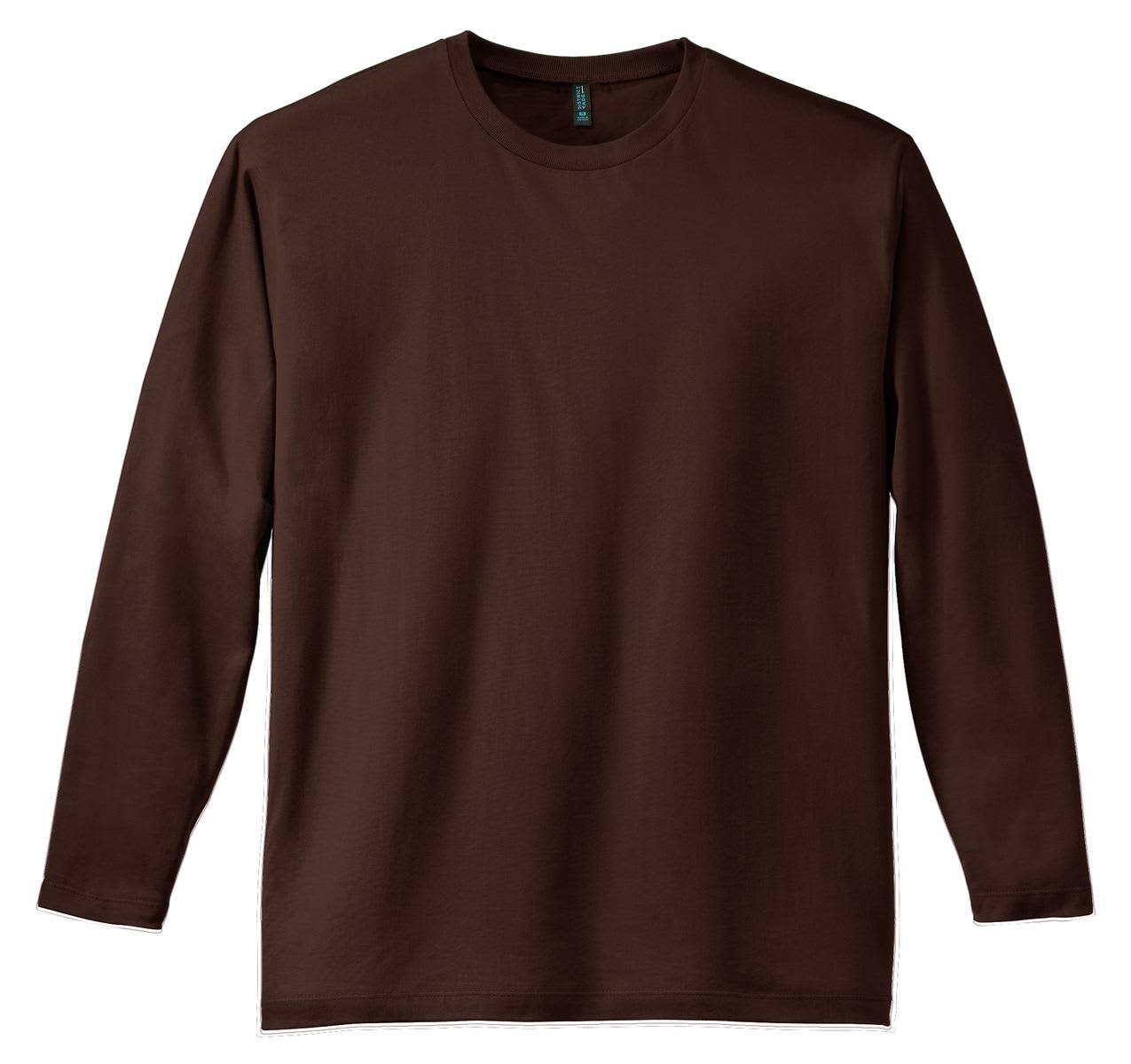 A long sleeve tee in dark brown, featuring a simple design and a branding logo on the label.