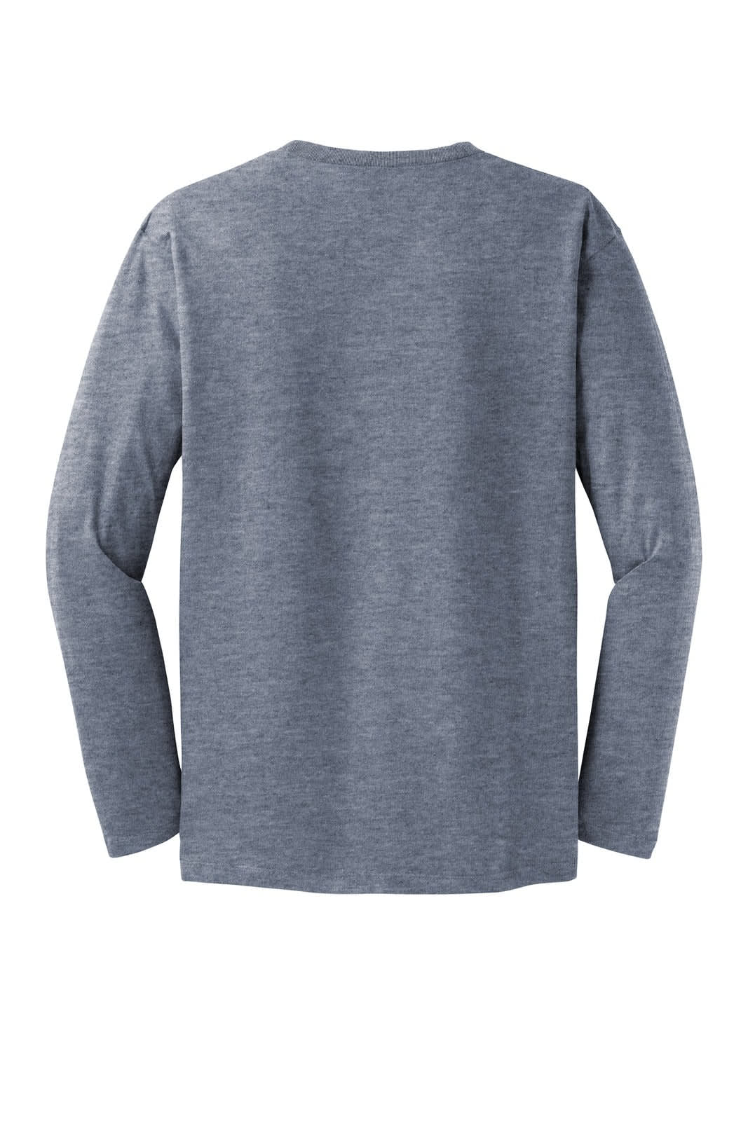A grey long sleeve tee with a crew neck and back view, featuring a logo.