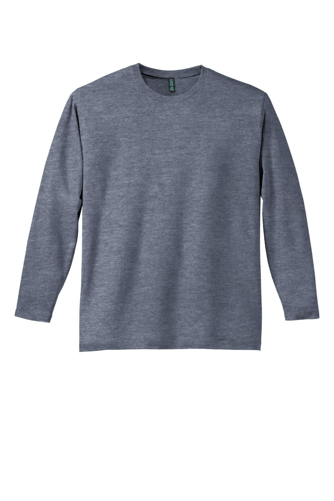 A long sleeve tee in a heather grey colour, featuring a crew neckline and a branding logo.