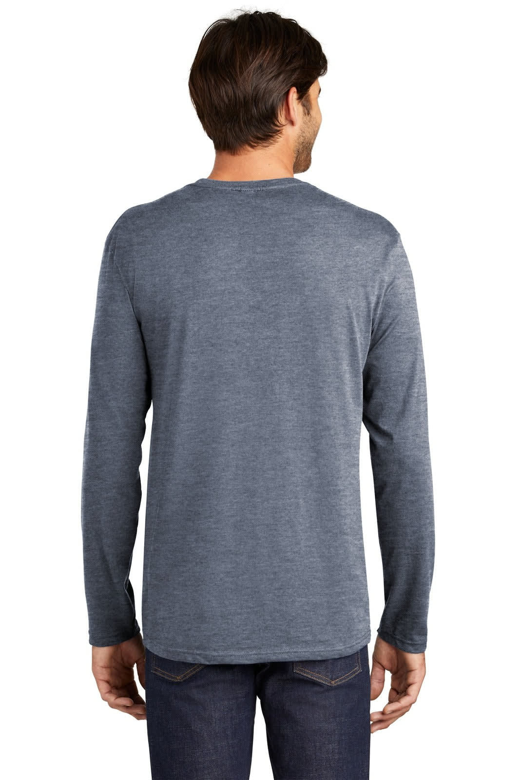 A long sleeve T-shirt in a dark blue colour, featuring a plain design and a logo on the back.