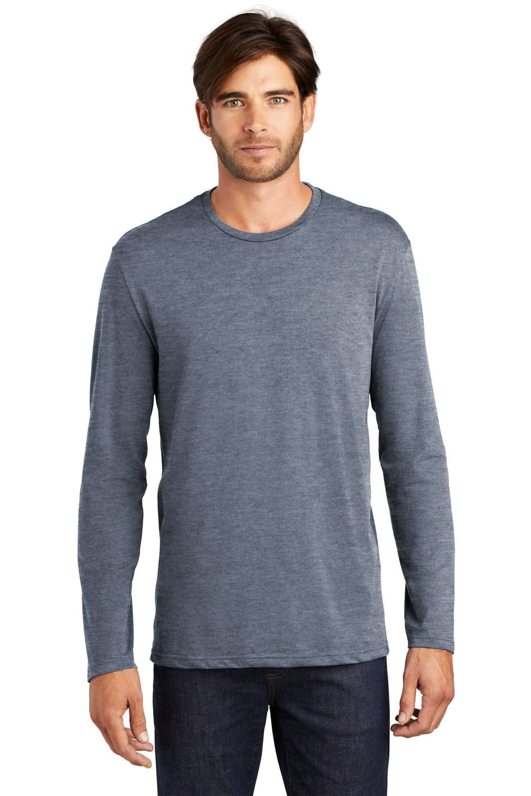 A long sleeve tee in a grey tone, displayed on a model, featuring a logo on the garment.