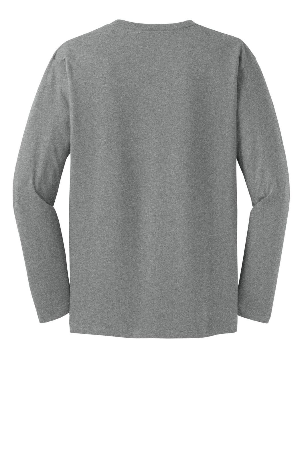A grey long sleeve t-shirt with a crew neckline and a simple back design. Features a logo.