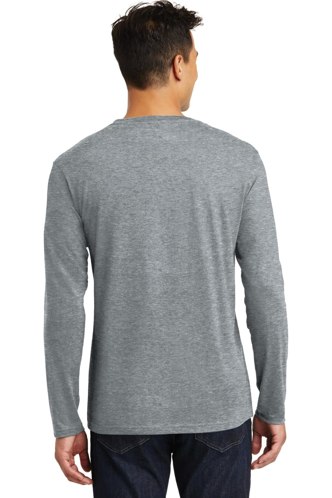 A man in a grey long-sleeve tee with a simple design, viewed from the back. The shirt features a logo.