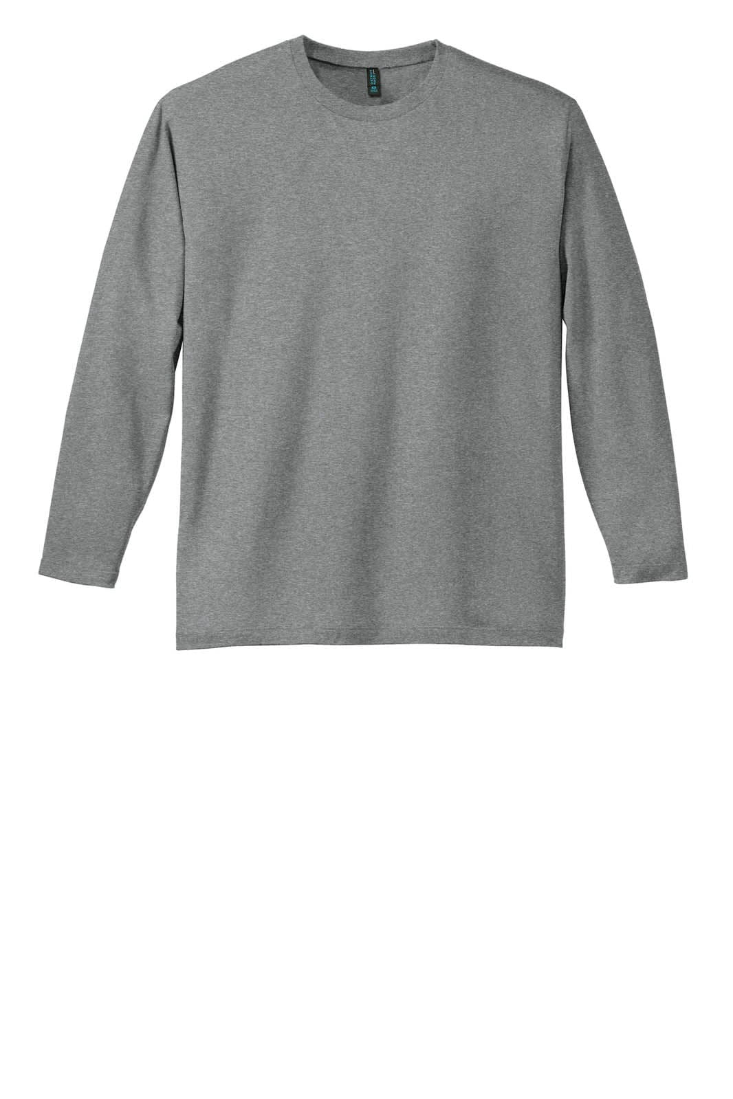 A grey long sleeve t-shirt with a round neck and a logo on the label.