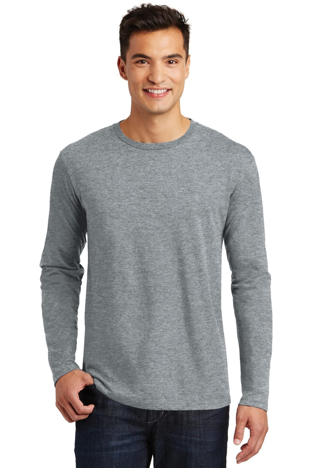 A long sleeve tee in heather grey, featuring a crew neckline and a logo. Suitable for casual wear.