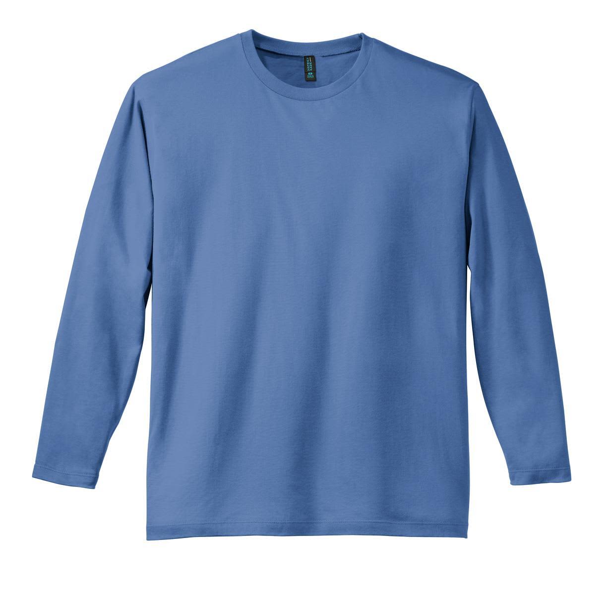 A long sleeve, blue t-shirt featuring a round neckline and a branded label.