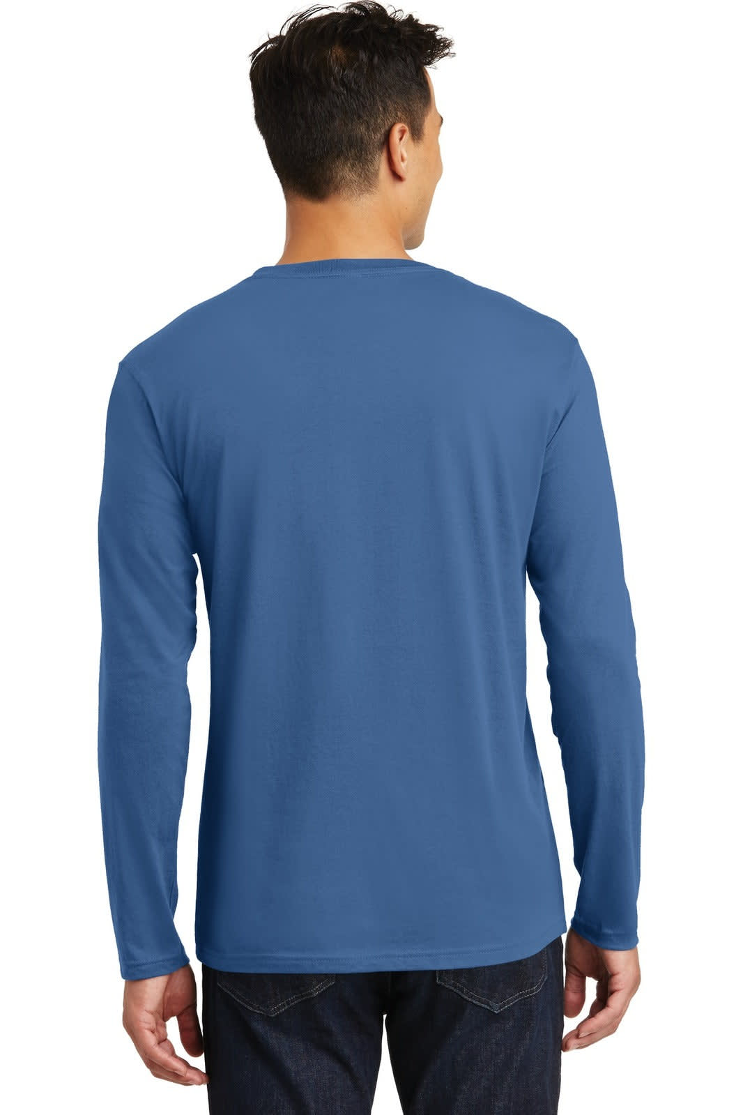 A man wearing a blue long sleeve t-shirt, viewed from the back, showcasing its smooth fabric and fit.