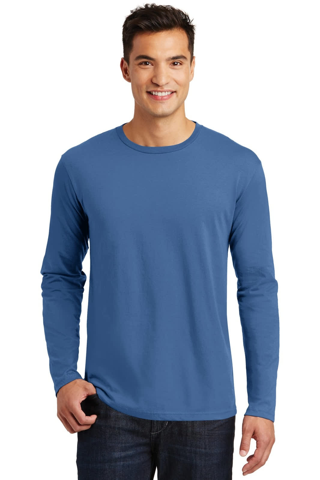 A man wearing a long sleeve tee in a vibrant blue colour, showcasing a simple design and a logo on the shirt.