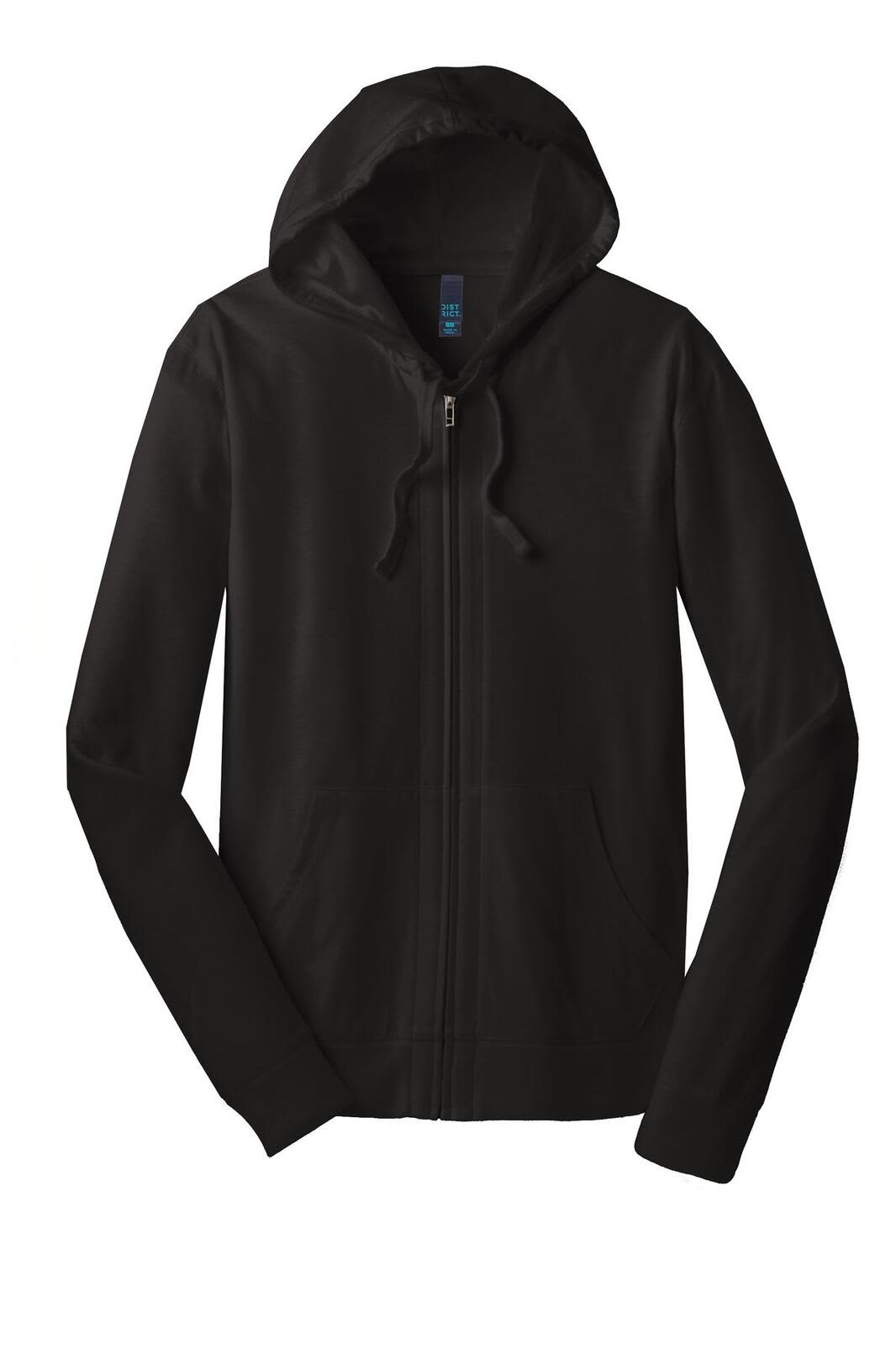 A black full-zip hoodie featuring a hood, long sleeves, and a logo. Ideal for casual wear.