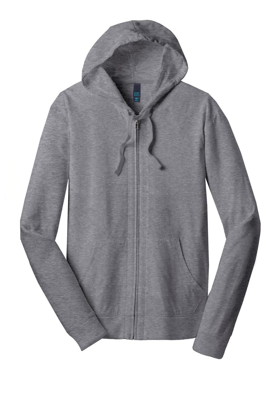 A grey full-zip hoodie with a hood and front pockets; features a logo.