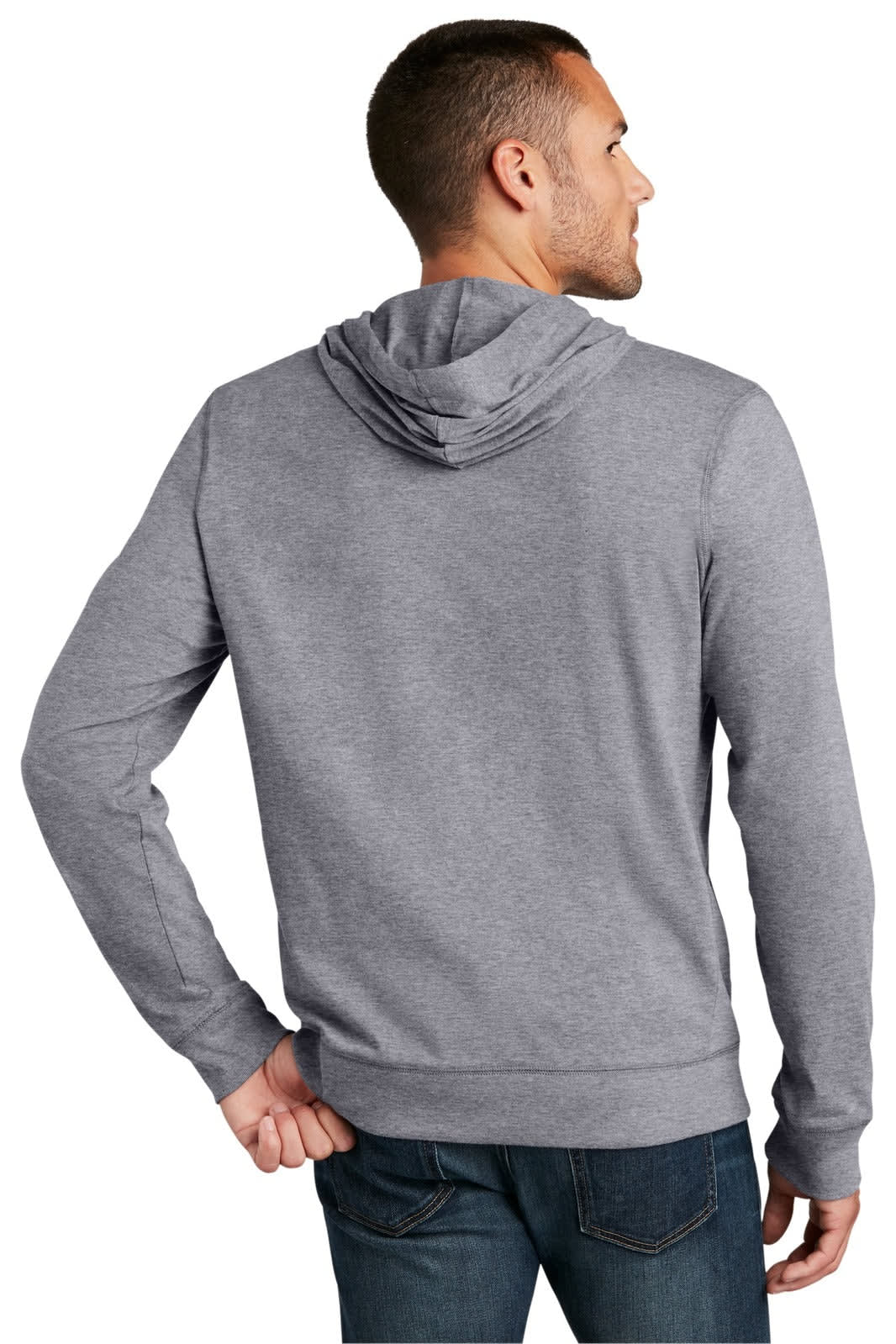 A grey full-zip hoodie for young men, featuring a hood and long sleeves, with a logo on the back.