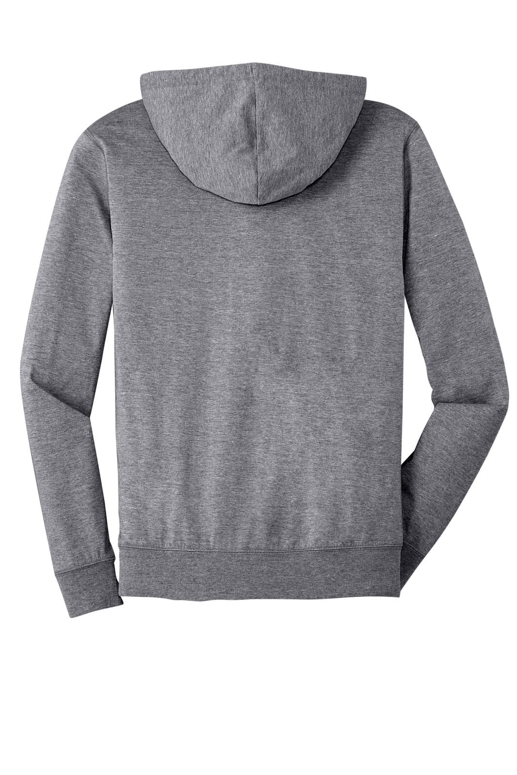 A grey full-zip hoodie featuring a hood, with long sleeves and a simple design on the back.