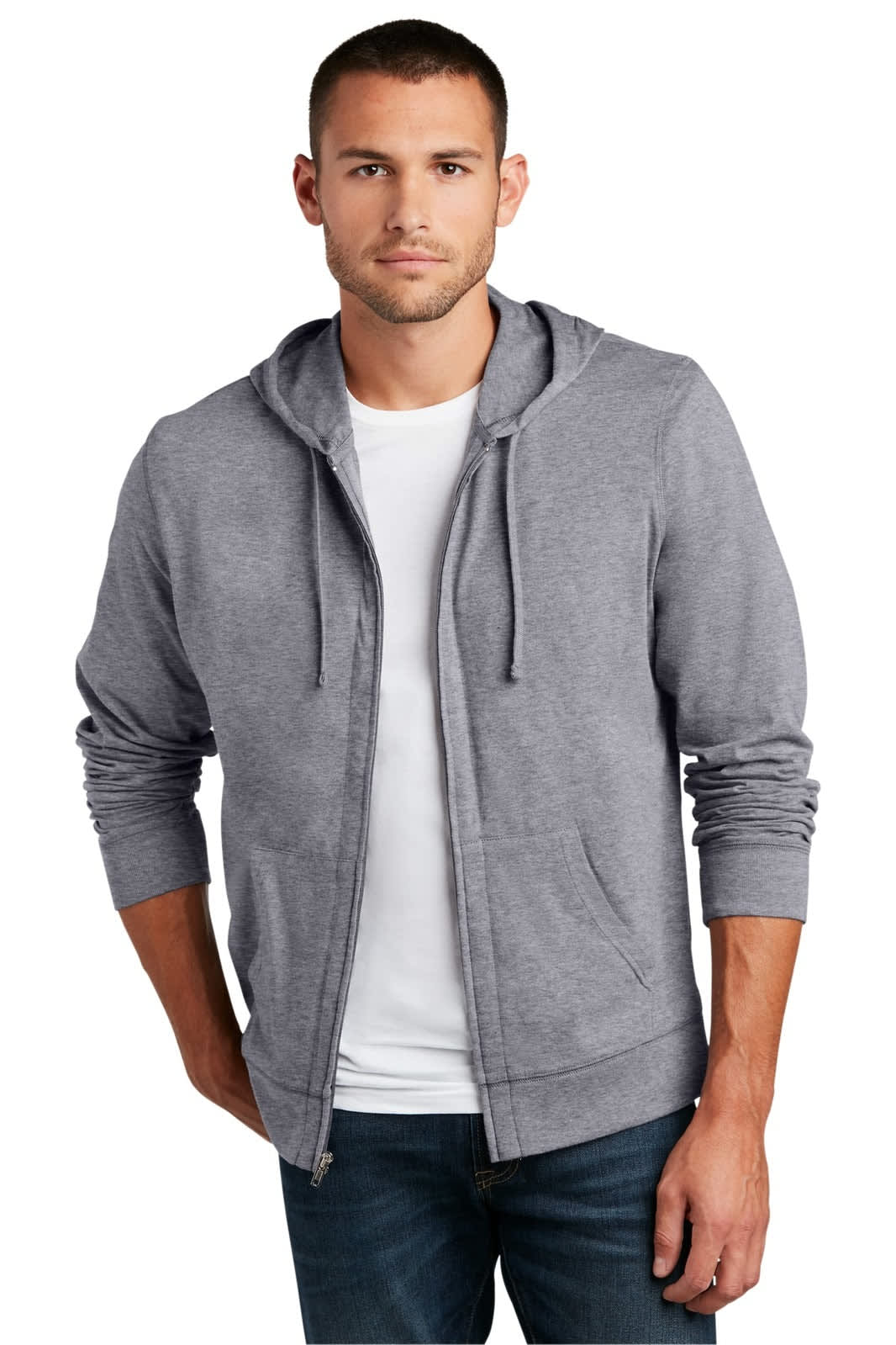 A grey full-zip hoodie with a hood, featuring long sleeves and front pockets, modelled by a young man.