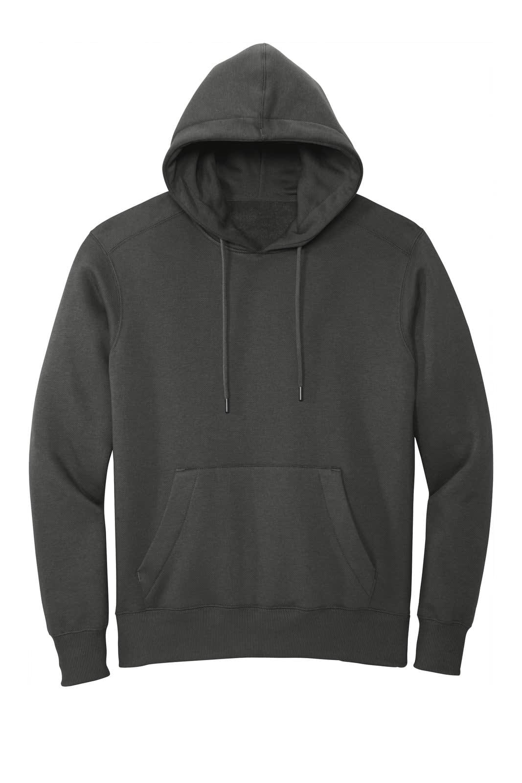 A dark grey fleece hoodie featuring a front pocket and a drawstring hood, with a logo.