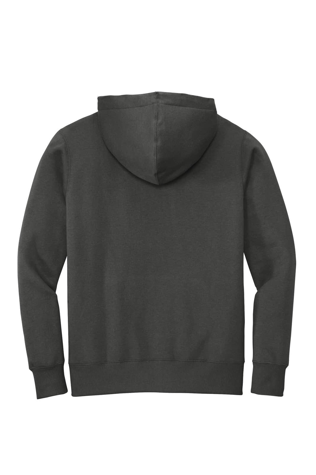 A grey fleece hoodie with a hood and long sleeves, featuring a plain back design and a logo.
