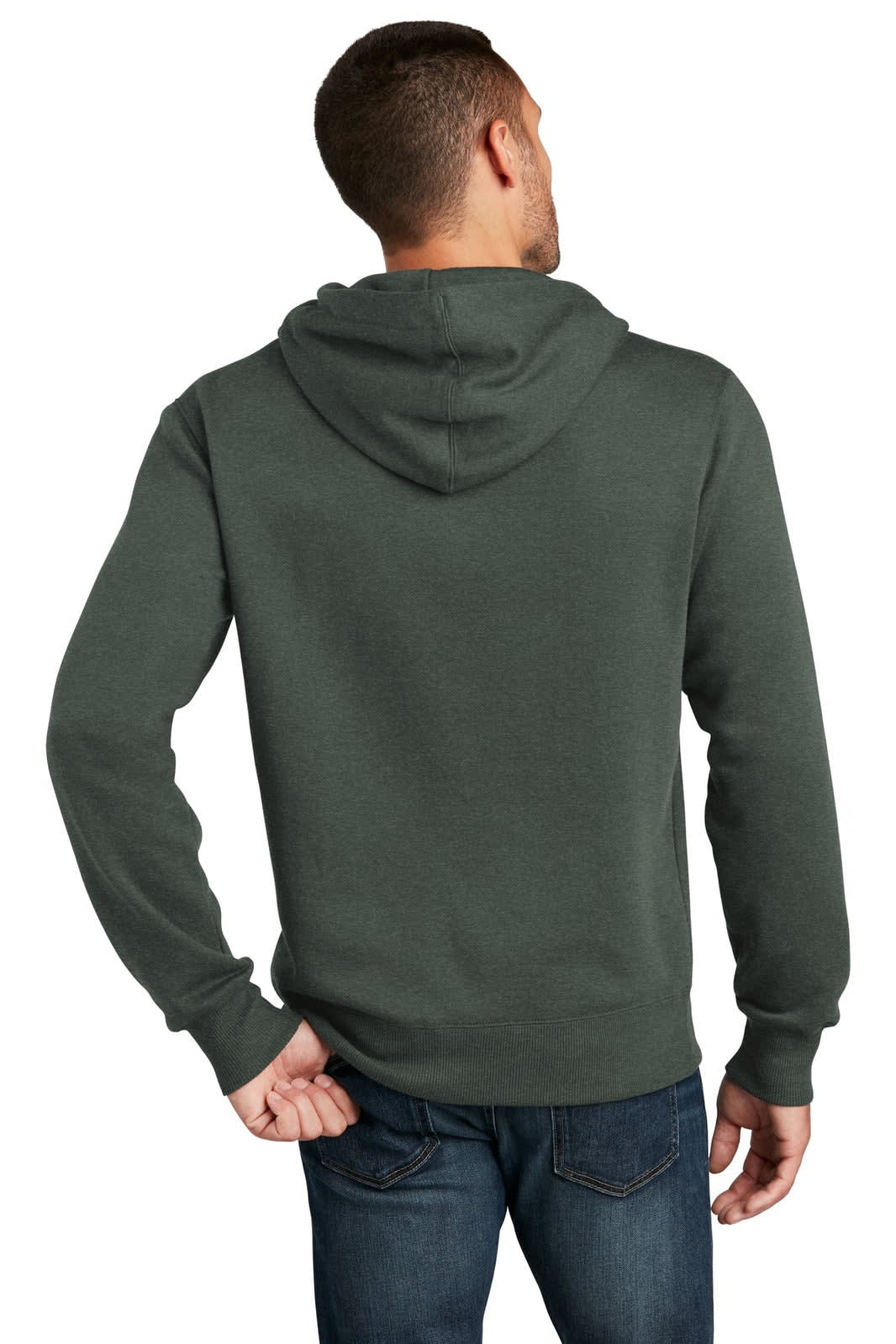 A man wearing a dark green hoodie, viewed from the back, featuring a hood and a fitted design.