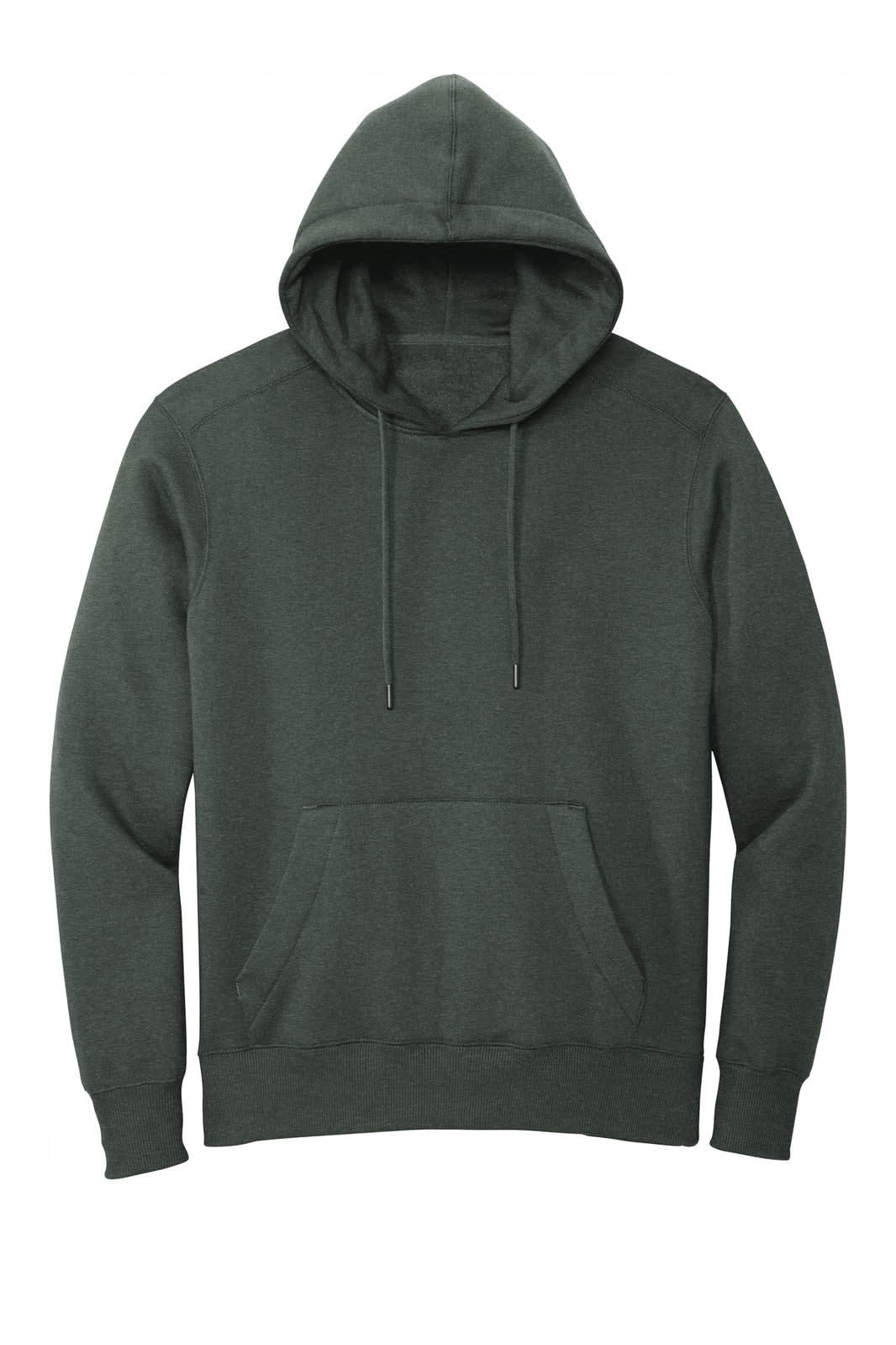 A green District Perfect Weight Fleece Hoodie with a hood and front pocket, featuring a logo.