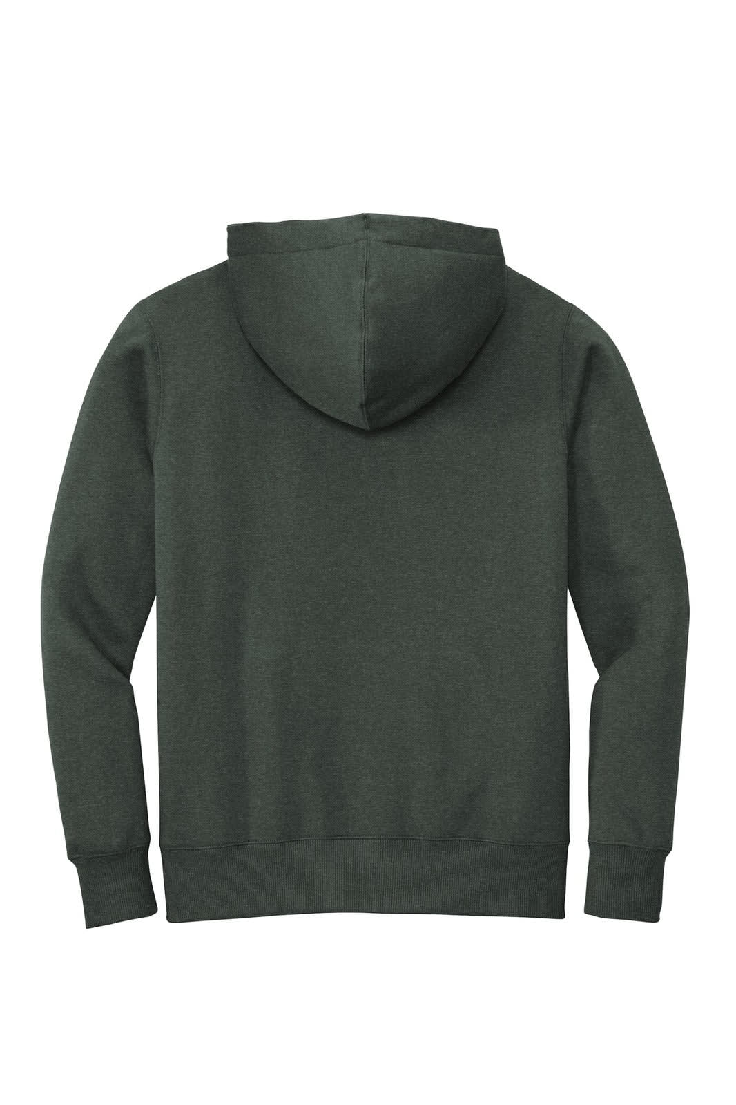 A green fleece hoodie with a hood and long sleeves, featuring a logo on the back.