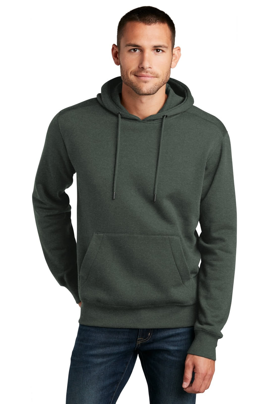 A model wearing a green hoodie with a front pouch pocket and drawstring hood. The hoodie features a logo.