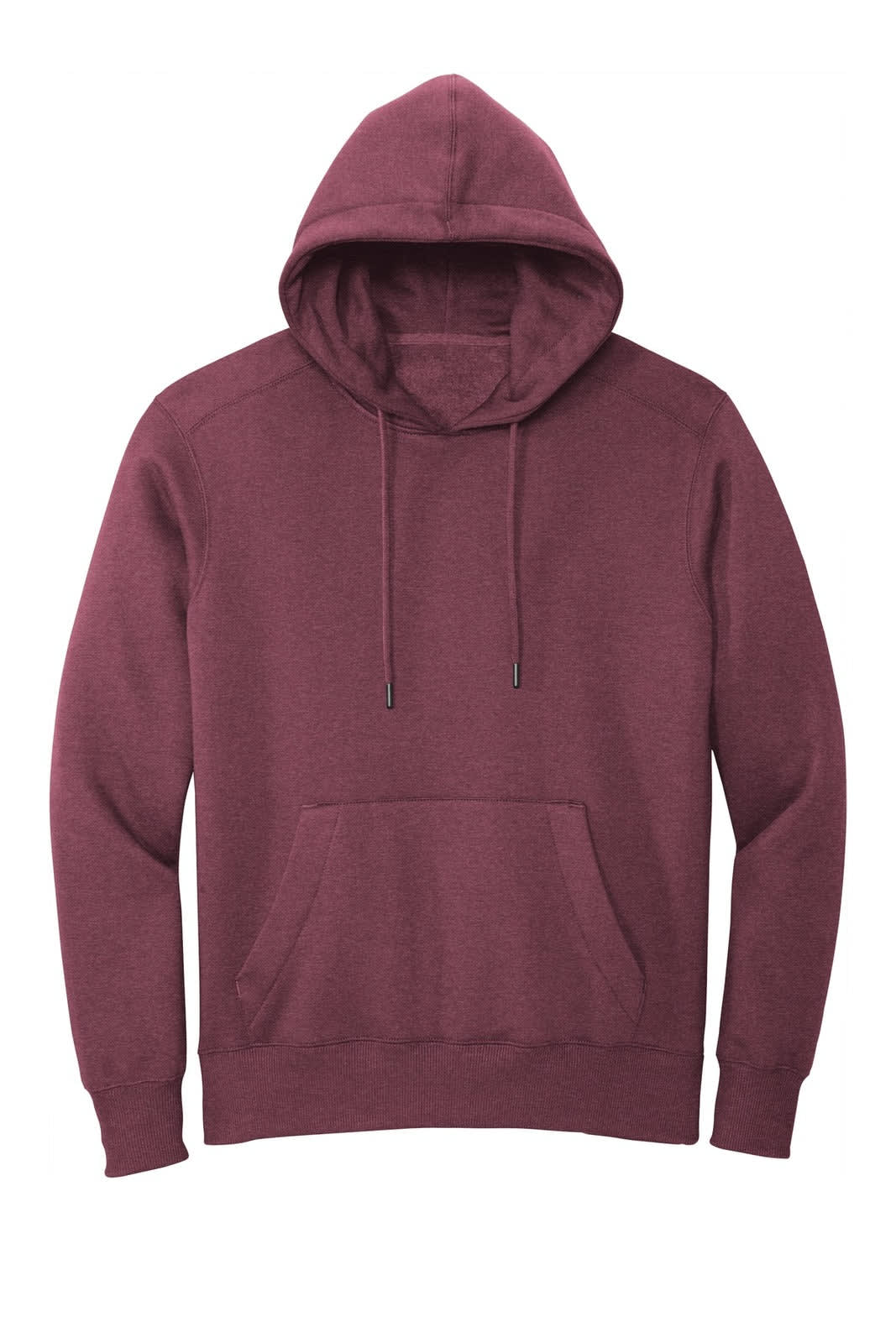 A maroon hoodie featuring a front pocket, drawstring hood, and a simple design with a small logo.