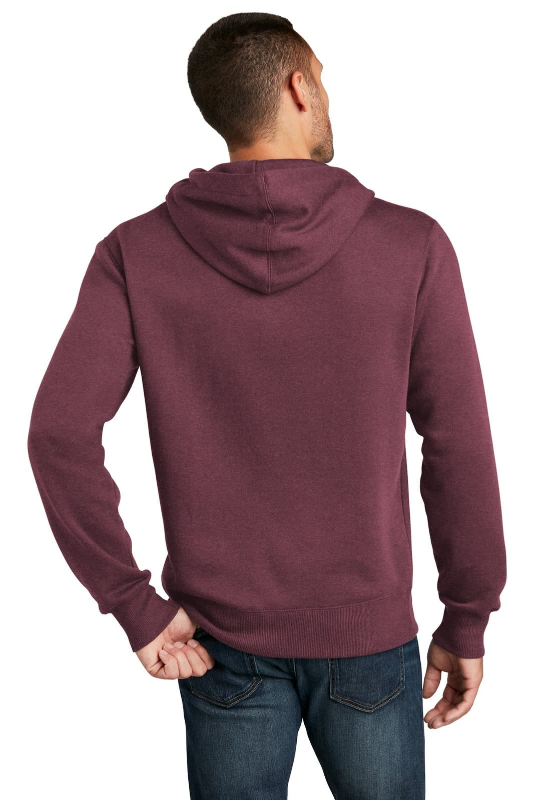 A maroon hoodie with a hood and long sleeves, featuring a logo on the back.