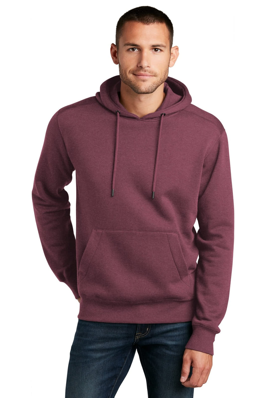 A maroon fleece hoodie featuring a front pocket and drawstring hood, worn by a model. It has a logo on it.