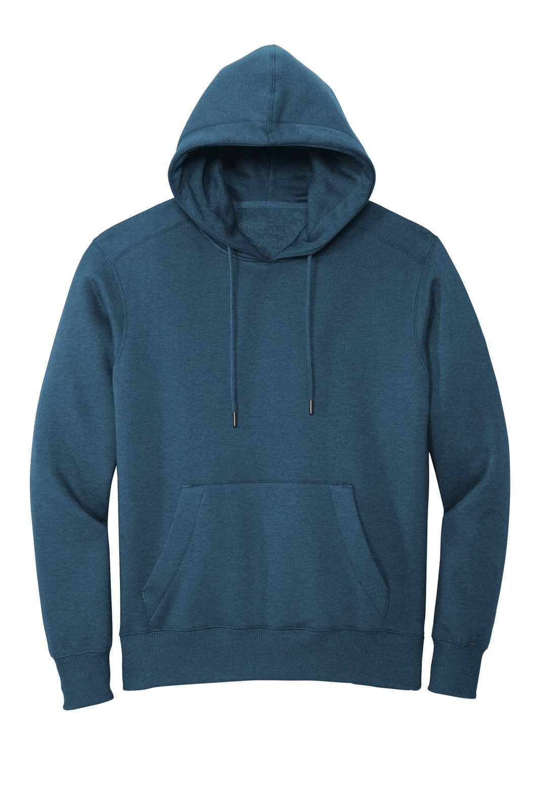 A blue hoodie with a front pocket and a drawstring hood. It features a logo on the chest area.