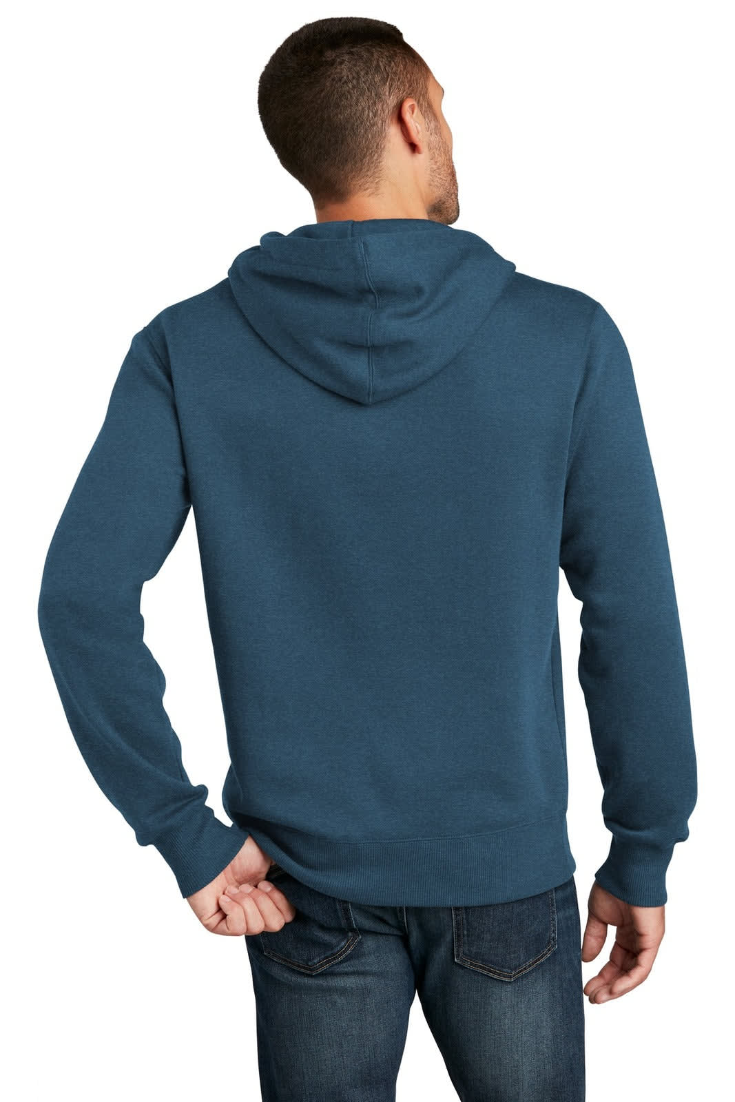 A blue fleece hoodie with a hood, featuring long sleeves and a logo, viewed from the back.