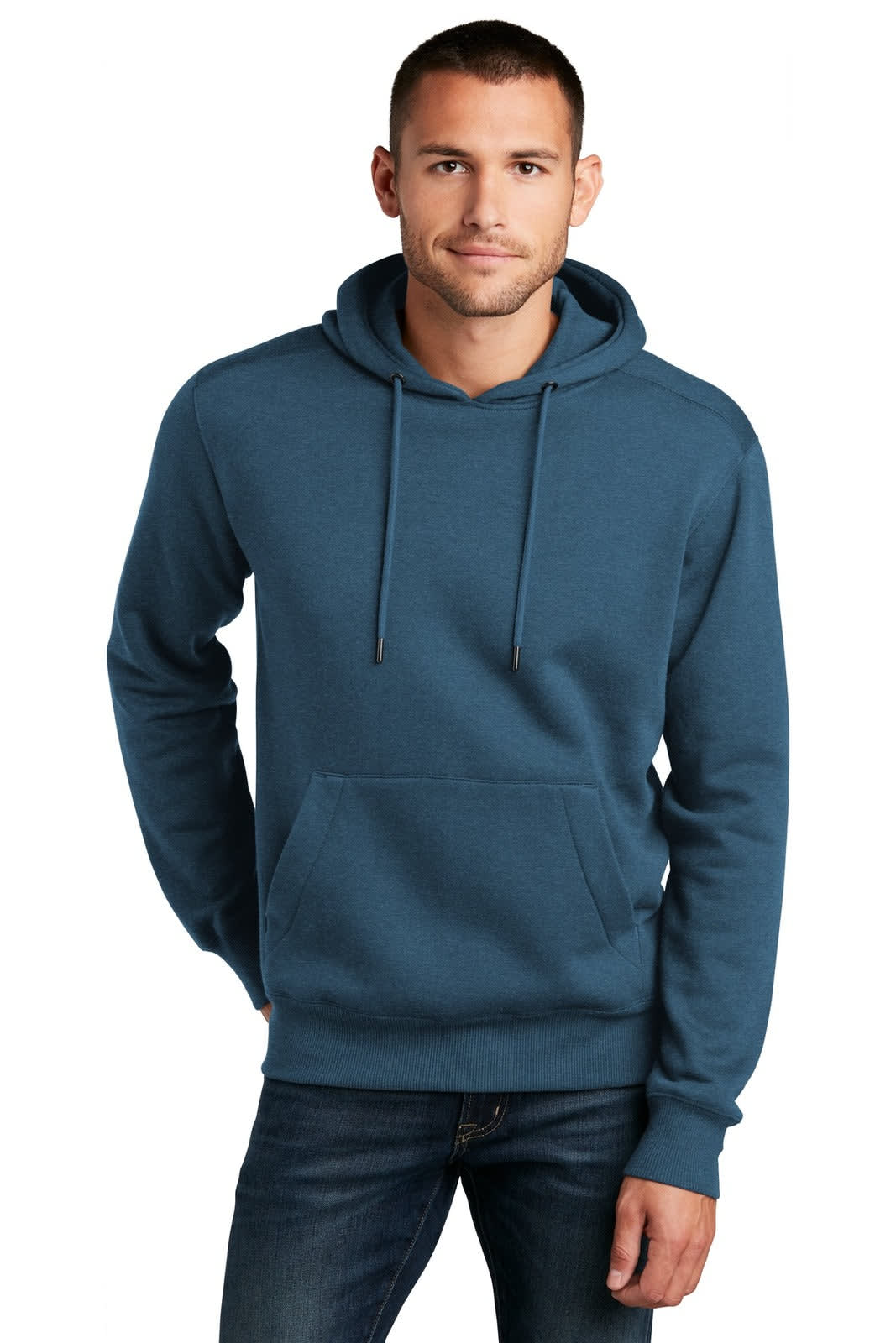 A blue fleece hoodie with a front pocket and drawstrings, featuring a logo on the chest.