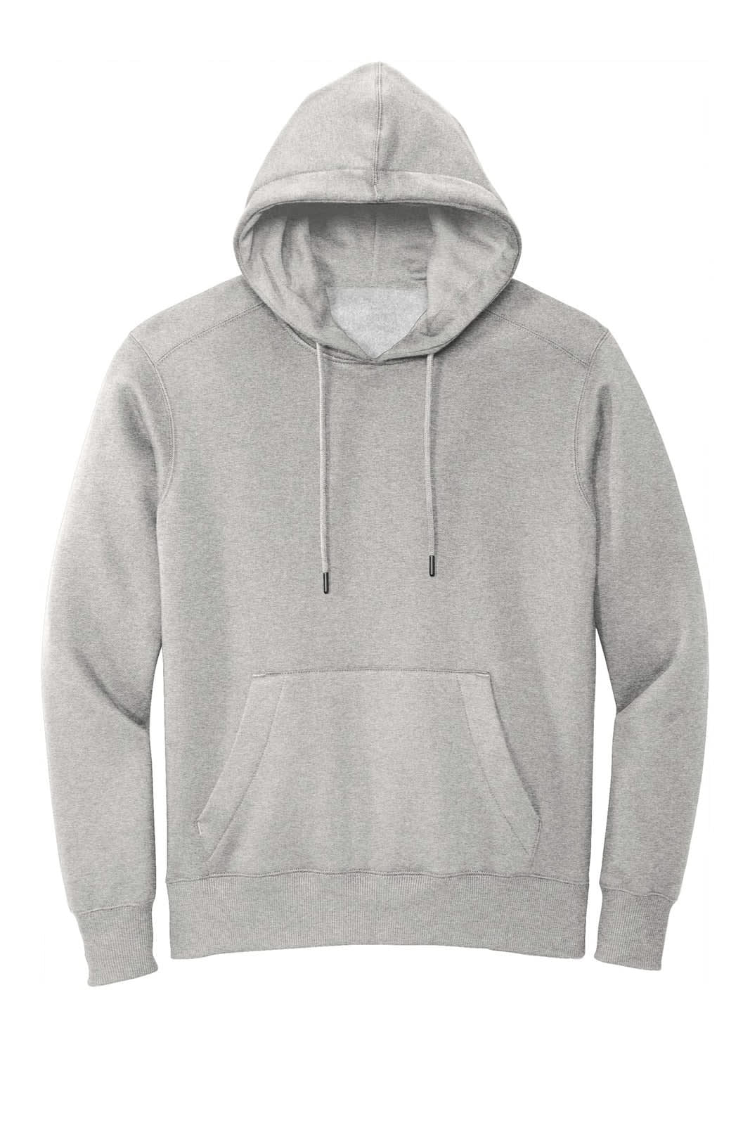 A grey fleece hoodie with a front pocket and adjustable drawstrings on the hood. It features a logo on the chest area.