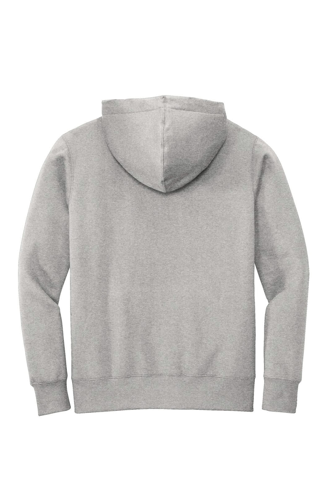 A grey fleece hoodie with a hood and long sleeves, featuring a plain back and a logo on the lower hem.