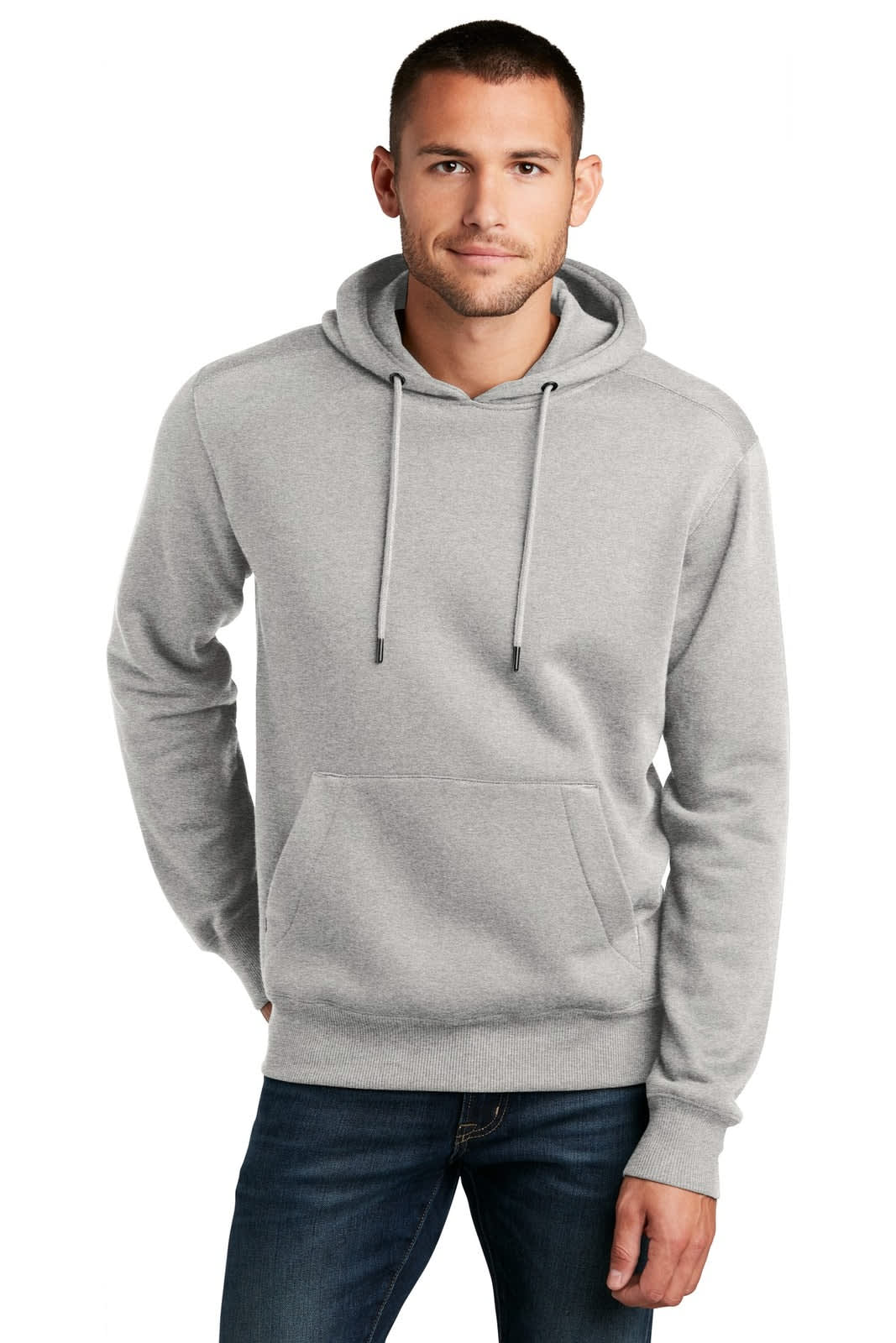 A grey fleece hoodie featuring a front pocket and a hood, worn by a man standing against a plain background.